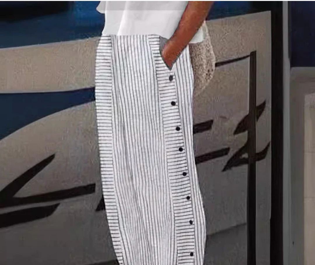 Bella Stride| Sera - Striped Button-Detail Trousers