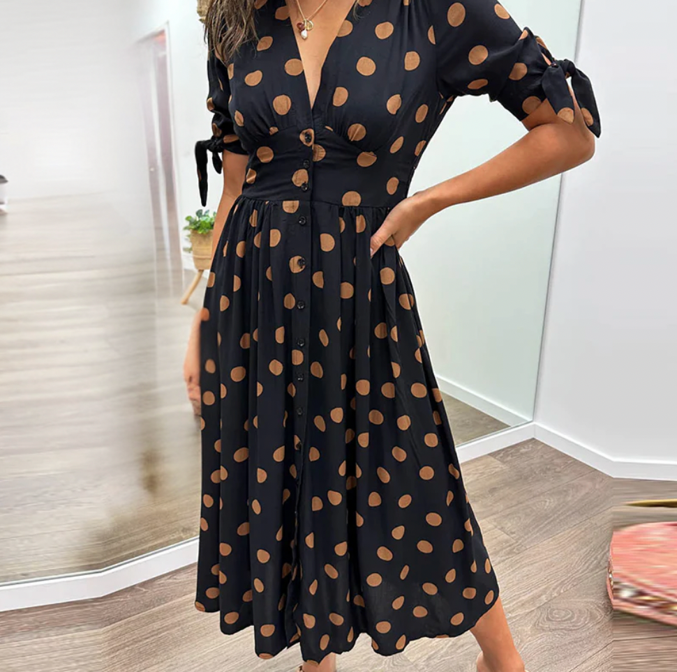 Bella Stride| Dress with deep V-neckline and dots