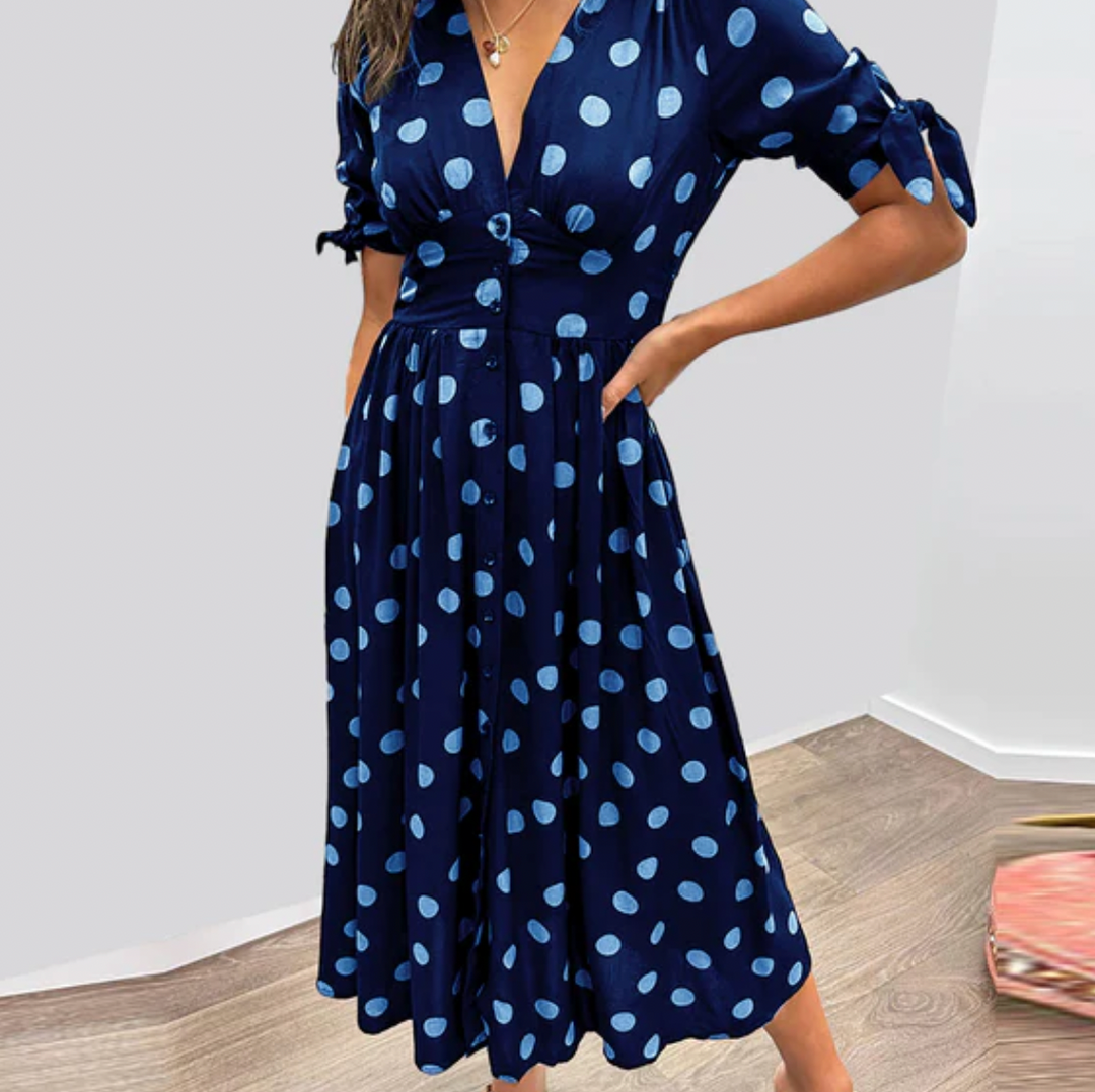 Bella Stride| Dress with deep V-neckline and dots