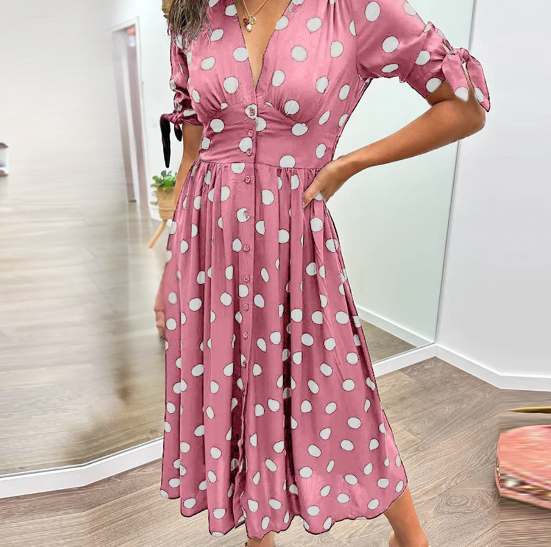 Bella Stride| Dress with deep V-neckline and dots