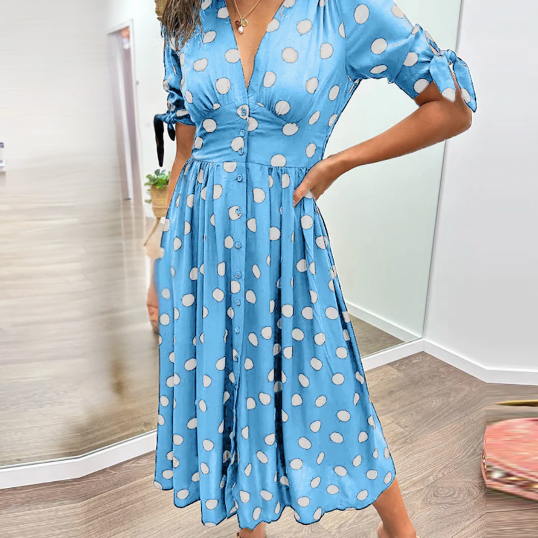 Bella Stride| Dress with deep V-neckline and dots
