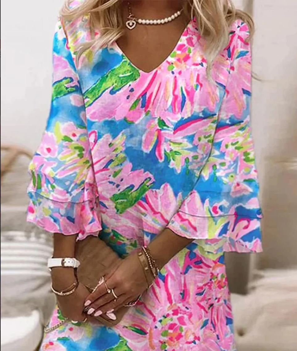Bella Stride| Elegant floral print dress with v-neck and bell sleeves